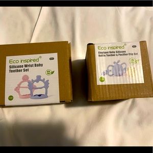Eco Inspired Silicone Wrist Baby Teether Set & Pacifier With Rattle